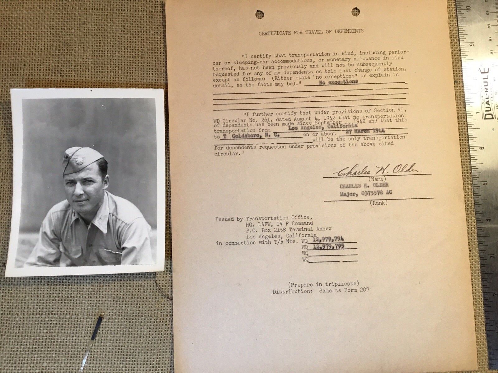 ORIGINAL WWII USAAF DOCUMENT TO / SIGNED BY FLYING TIGERS ACE PLUS PHOTO