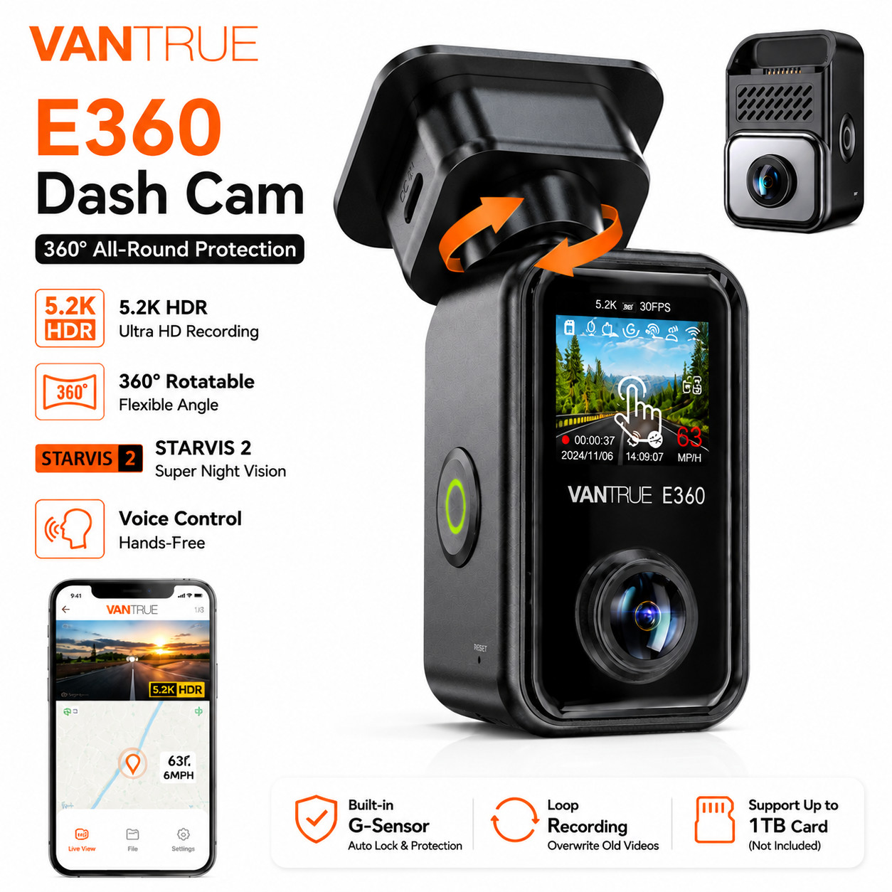 Vantrue E360 5.2K 360° Panoramic Dash Cam, 5GHz WiFi GPS HDR IR Night Vision