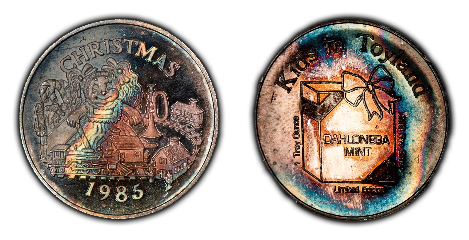 1985 1oz Silver Round Christmas Toyland Dahlonega Mint PQ Rainbow Toning - Z5655