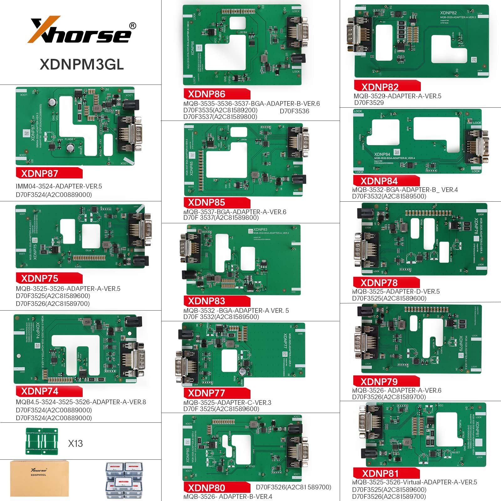 Xhorse XDNPM3GL MQB48 Adapter Without Solder Full Package 13pcs For Multi-Prog