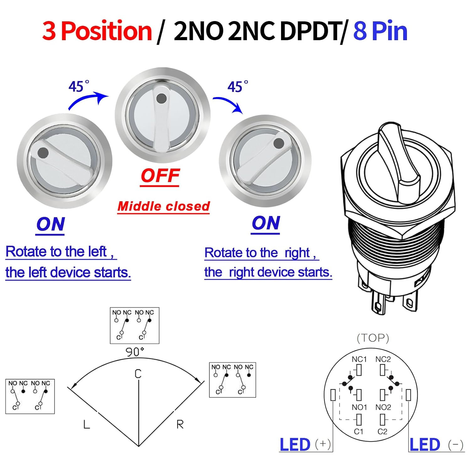 UL Listed 3 Position Rotary Switch 19Mm 12V-24V DC/AC, Latching Selection