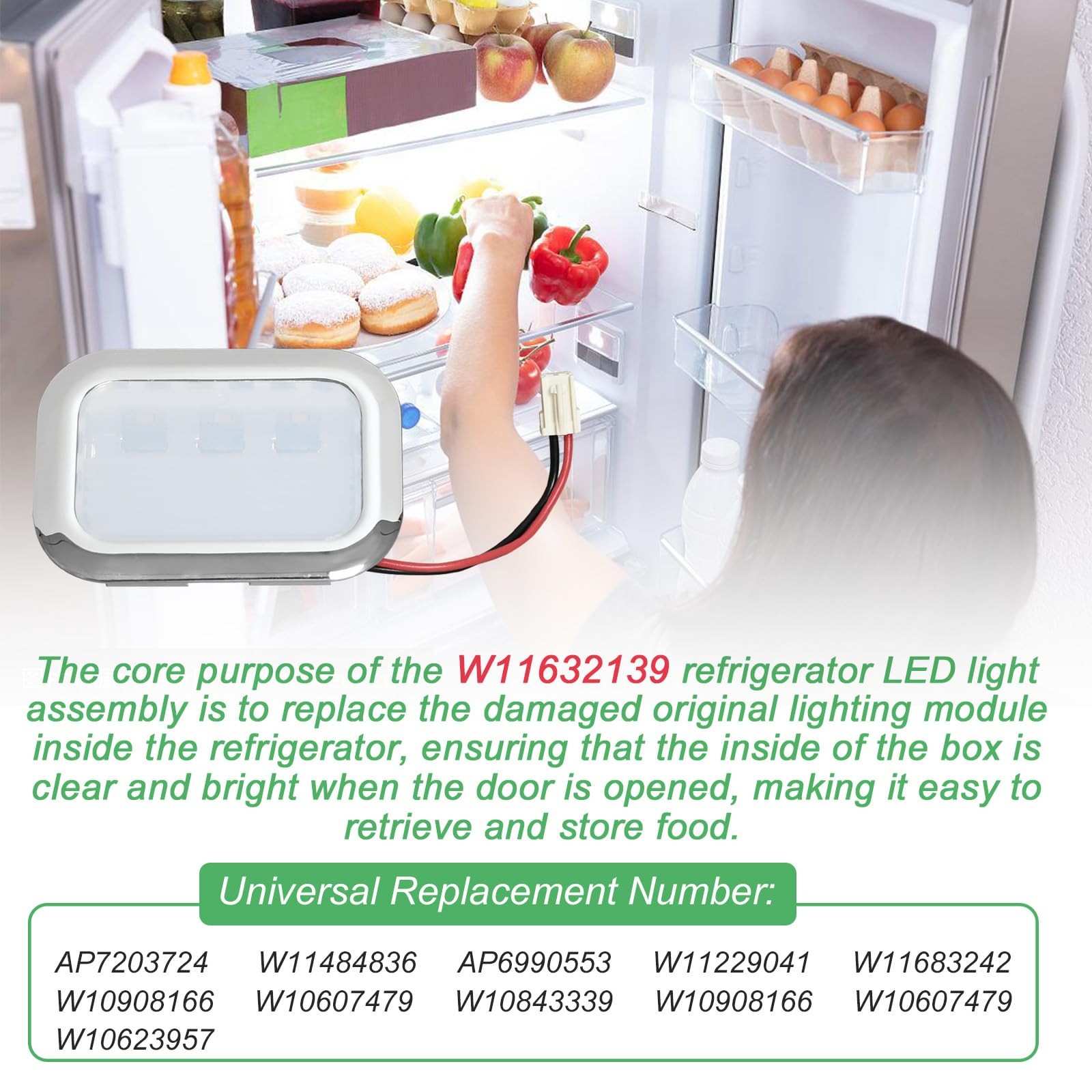 3 Pack W11632139 Light Modules Refrigerator Light Assembly - with Whirlpool, ...