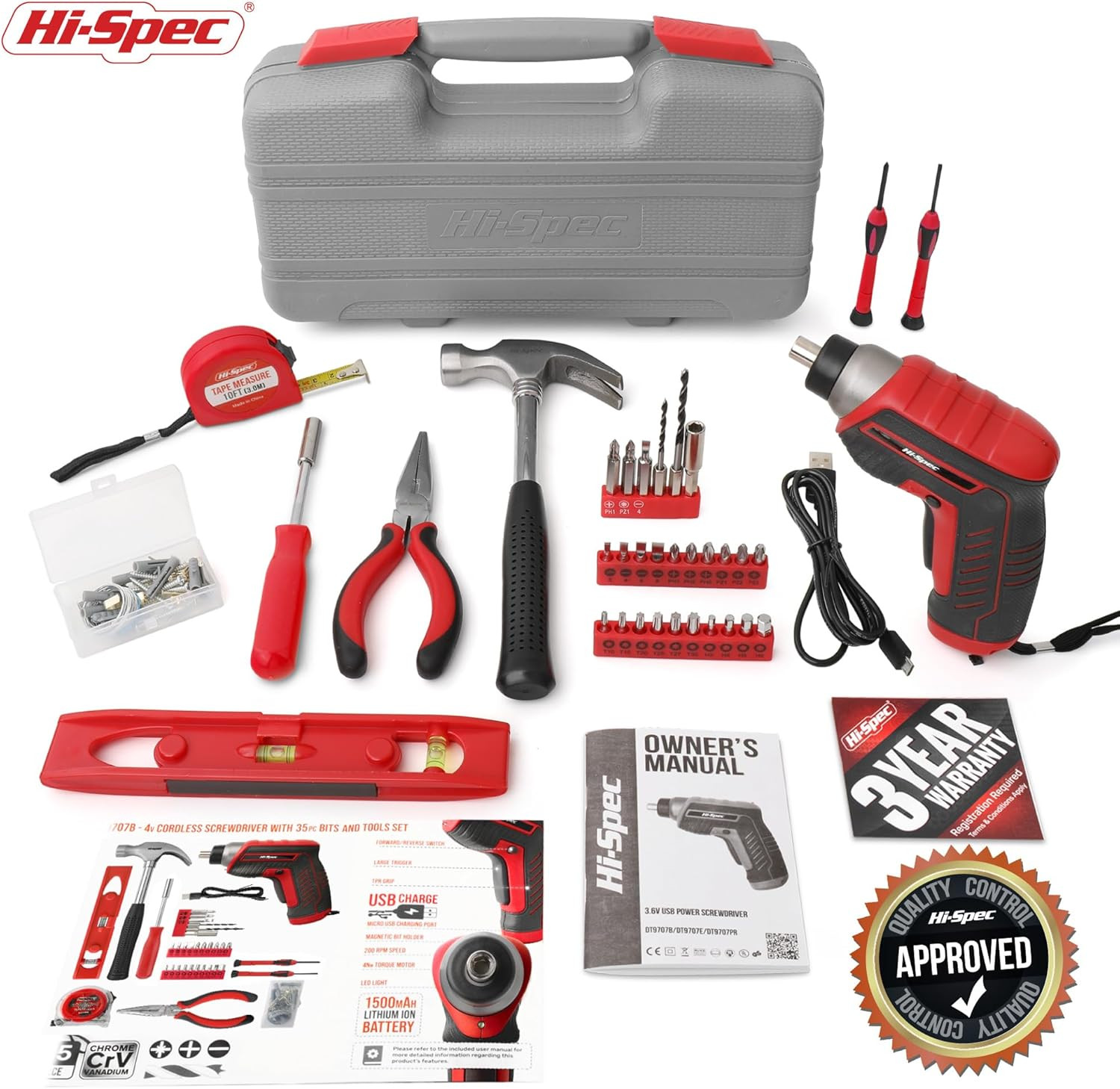 35Pc Red Tool Kit with 3.6V USB Electric Screwdriver and Drill Set. Complete Bas