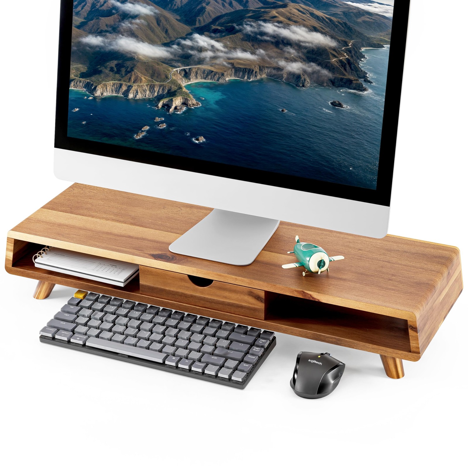 Acacia Wood Monitor Stand with Drawer - Wooden Monitor Riser for Desk - Compu...