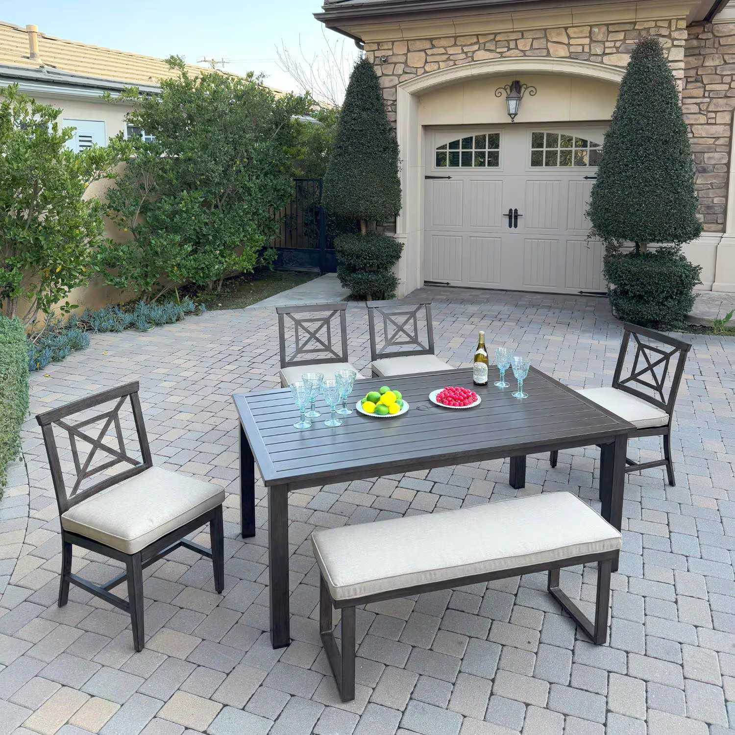 Atlantis 6 Pc Aluminum Dining Set 4 Dining Side Chairs & Two Person Bench in