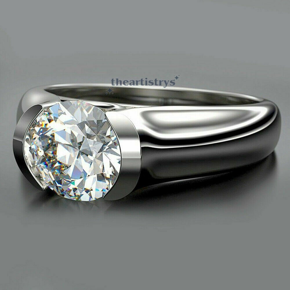 14K Solid White Gold Moissanite Men's Wedding Ring Excellent Round Cut VVS1 2 CT