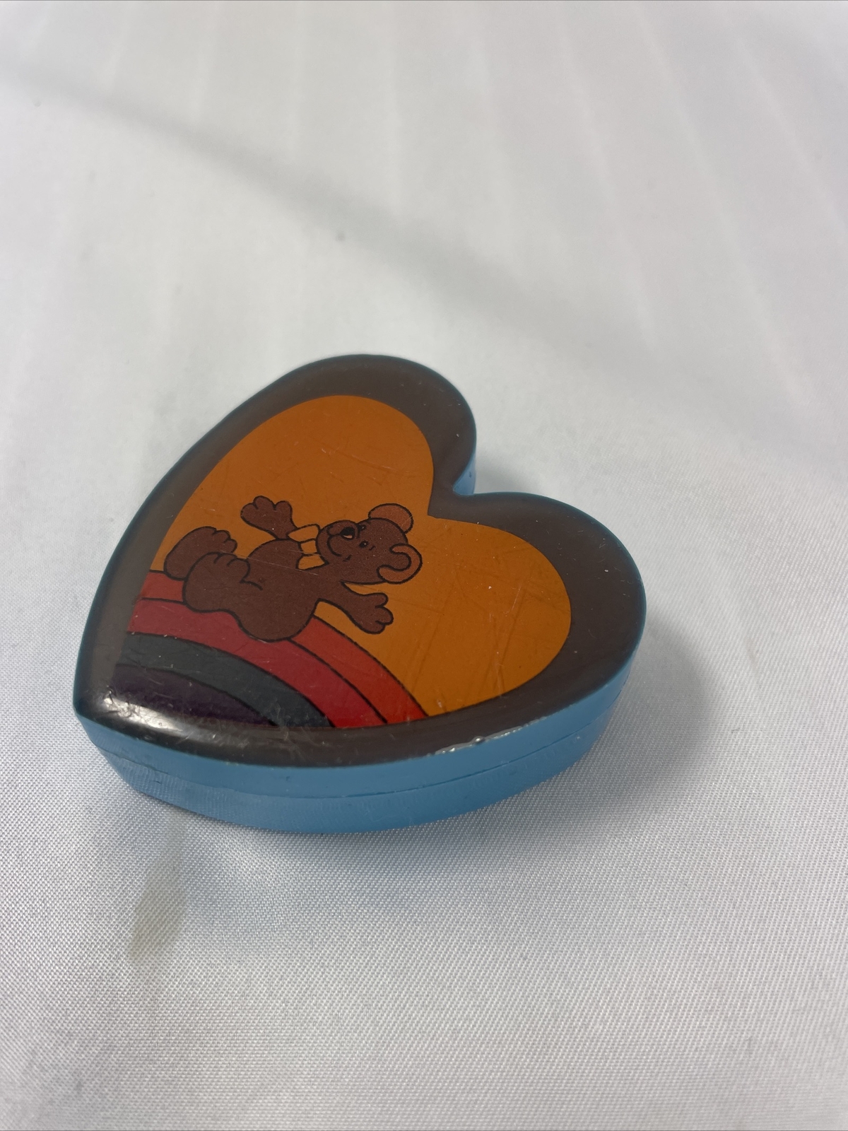 1980s heart box bear on rainbow 2" Blue lid opens