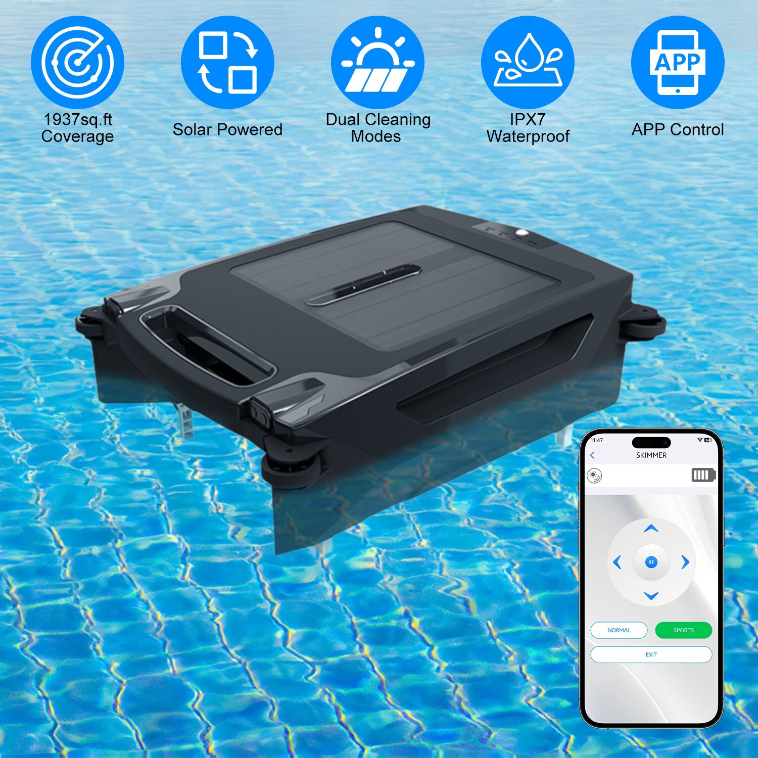 Solar Smart Robotic Pool Cleaner Skimmer Pool Surface Cleaning Automatic Cleaner