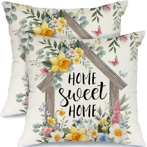 Spring Home Sweet Home Pillow Covers Set 18x18" Set of 2 Eucalyptus-daffodil