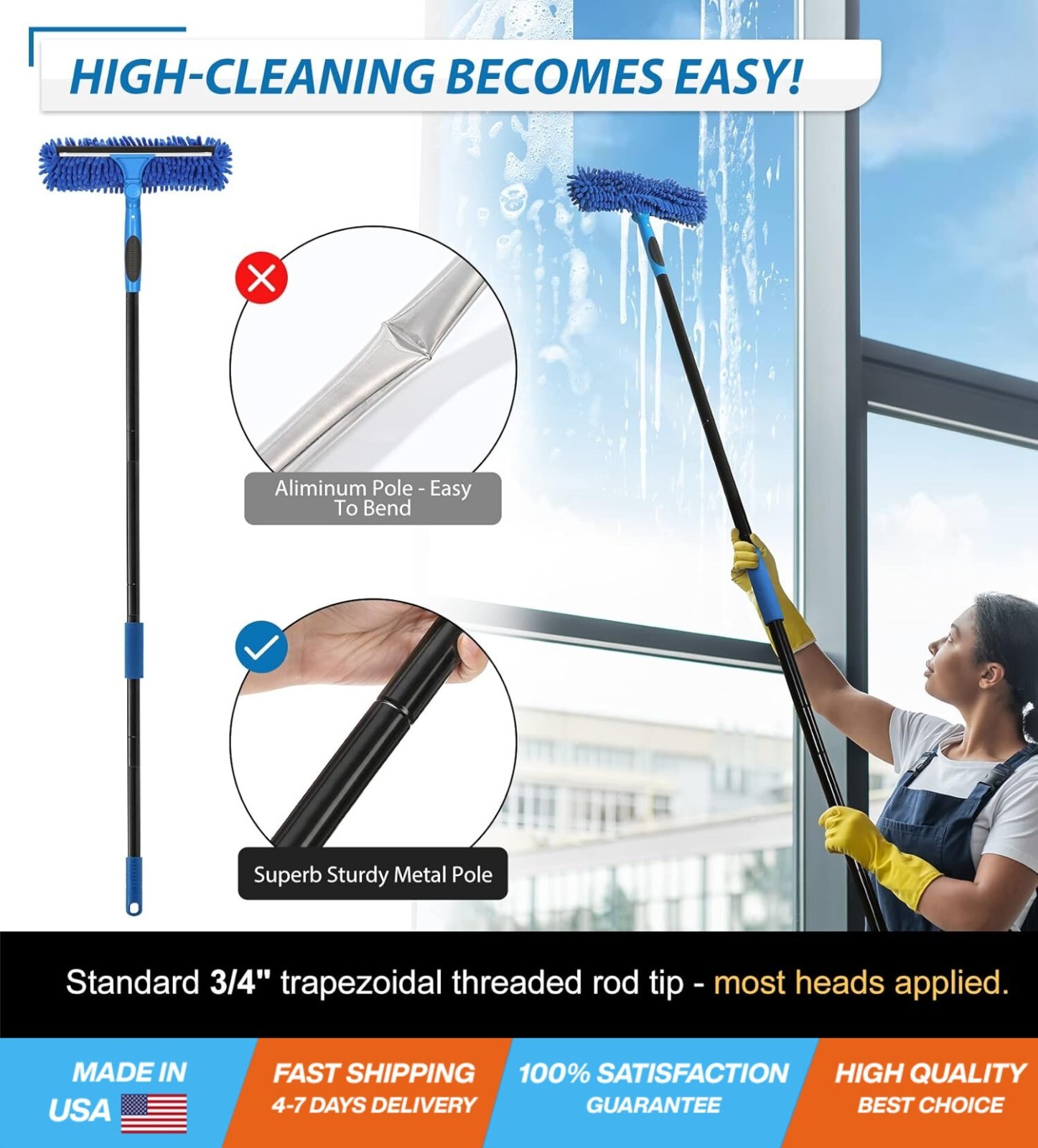 Professional 69'' Window Squeegee Cleaner Tool with Extension Pole, 2-in-1...