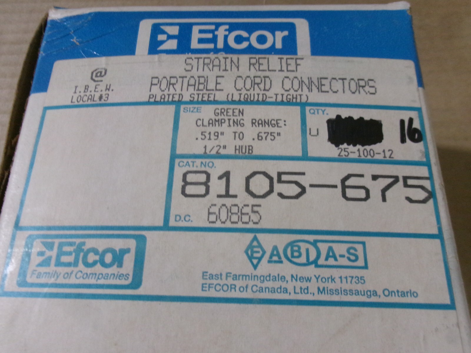 New Box of 16 Efcor 8105-675 Strain Relief Portable Cord Connectors AK