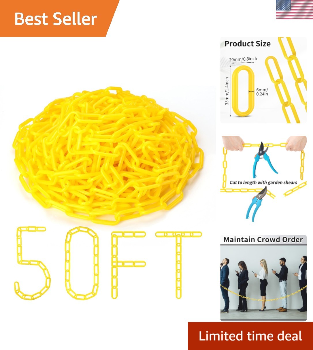 50ft Yellow Plastic Chain Links, Plastic Safety Chain Barrier Weatherproof UV...