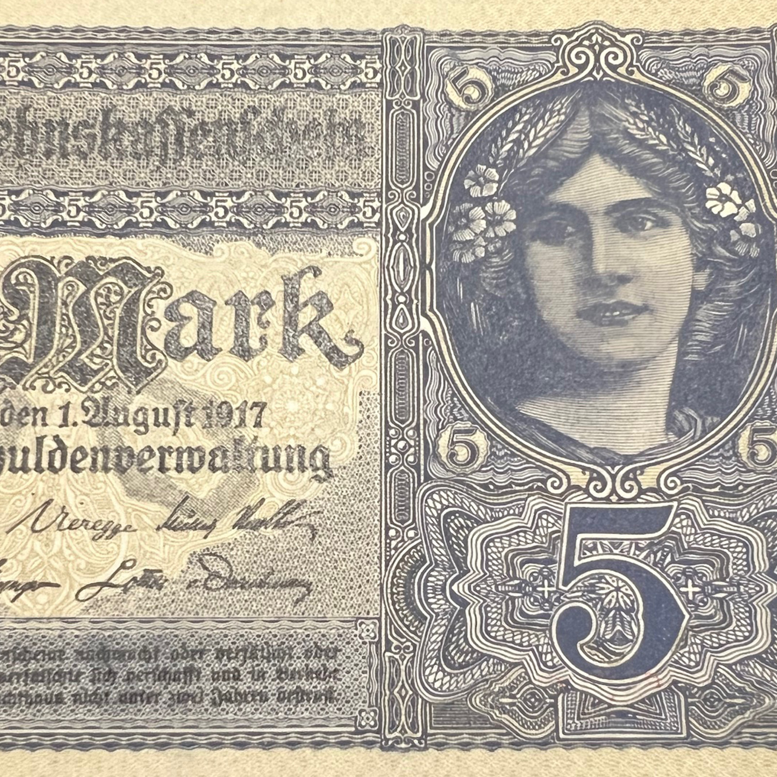 1917 German 5 Mark AU-UNC WWI Banknote Original Cash Military Art History Gift