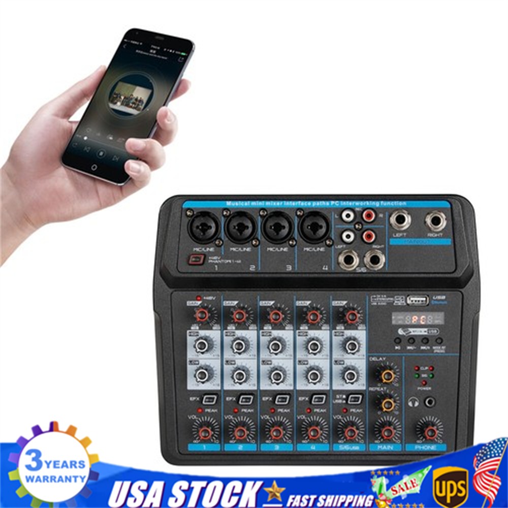6Channel Live Audio Mixer Bluetooth USB DJ Sound Mixing Console Amplifier Studio