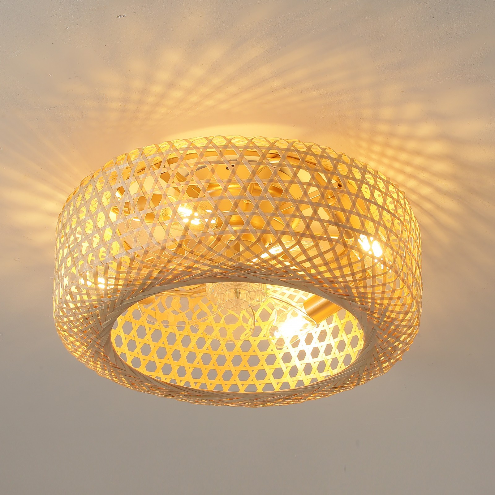 20" Boho Caged Ceiling Fan with Light, Flush Mount Bamboo Rattan Ceiling Fan