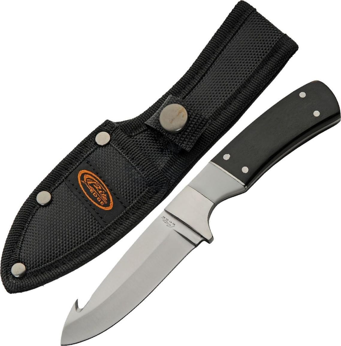 Skinning Knife 3.25in Guthook Blade Black Wood Handle Full Tang Hunter + Sheath