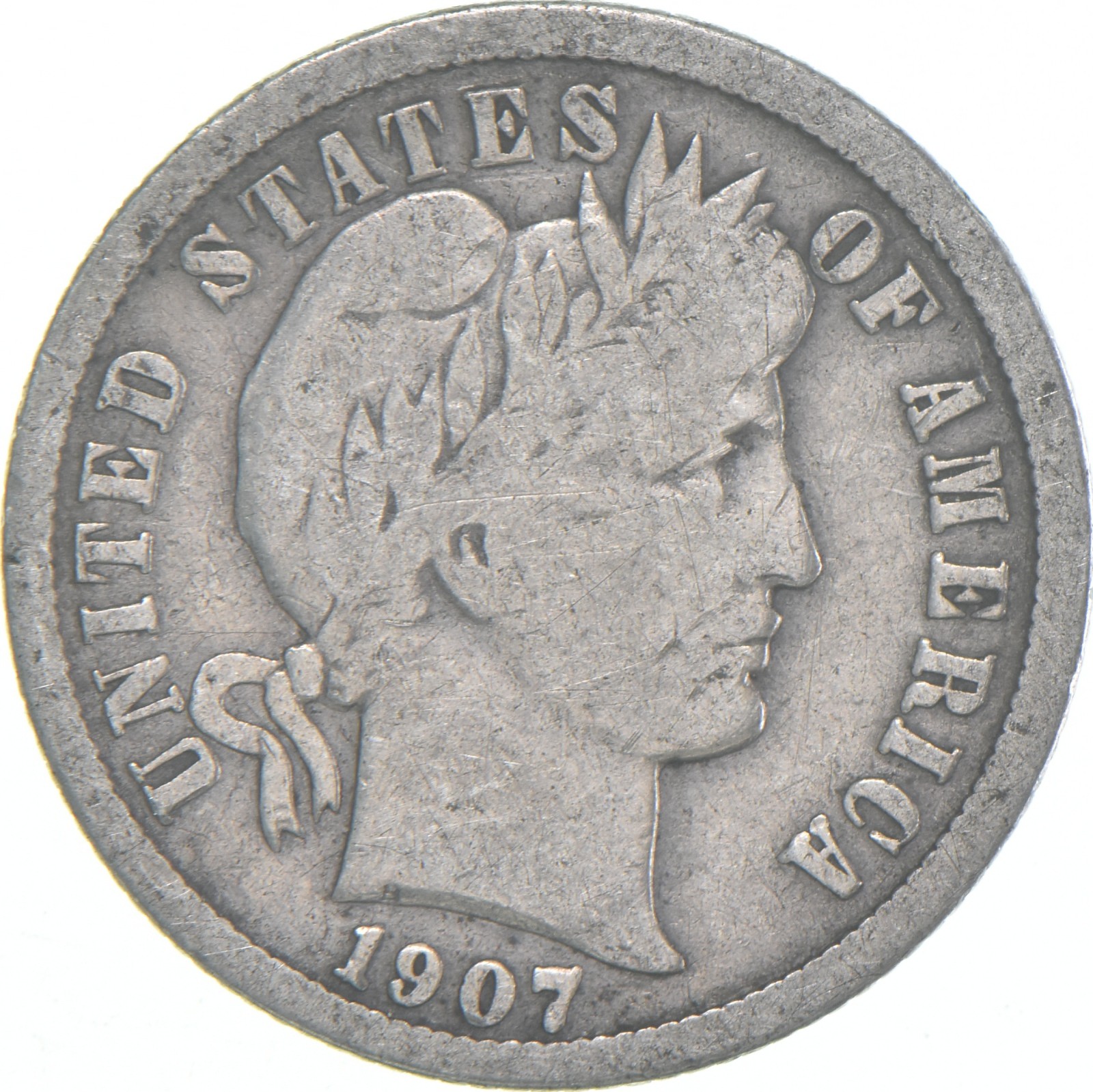 1907-P Barber Dime 90% Silver Average Circ
