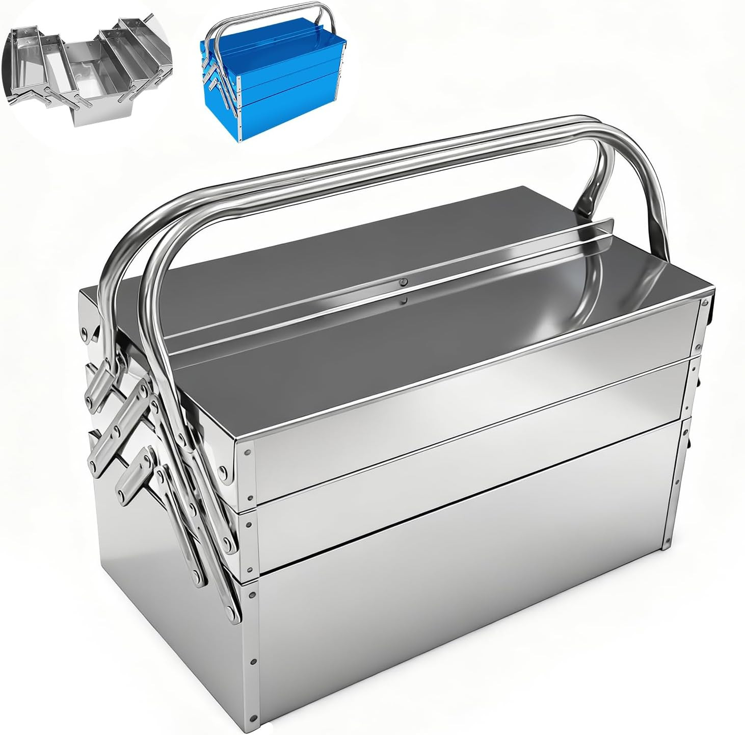 3-Tier Stainless Steel Cantilever Tool Box with Handle, 14" Portable Organizer