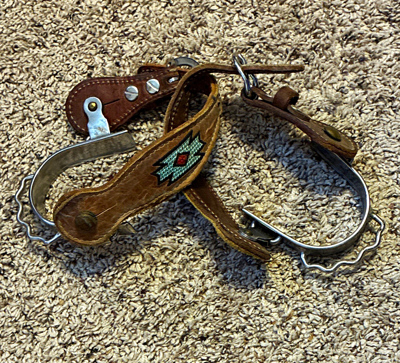 Western Spur Rowel Spurs w/ Brown Leather Straps Turquoise & Red Inlay