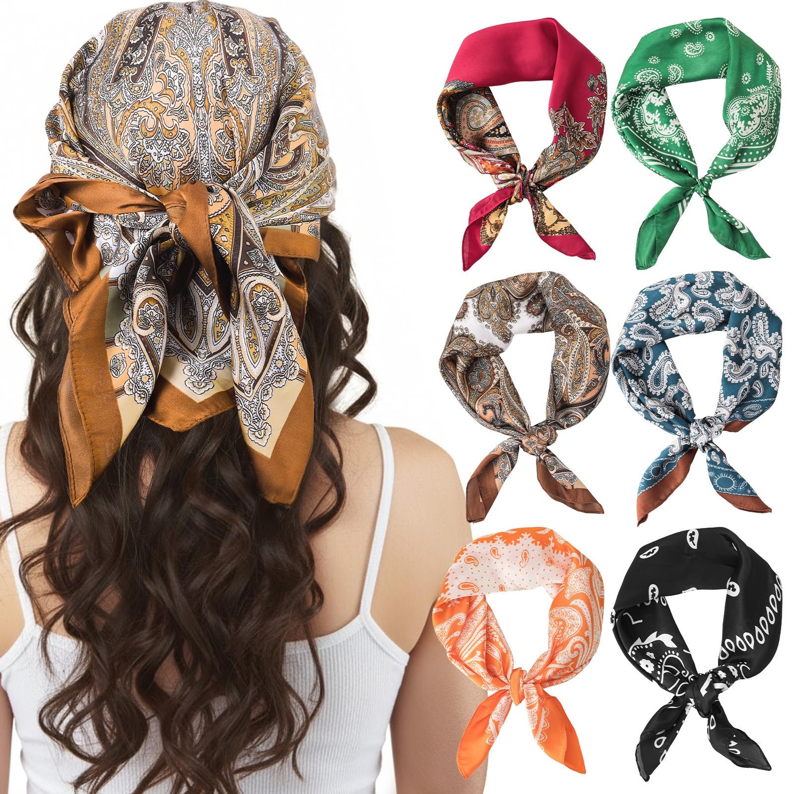 6 PCS Satin Square Silk Feeling Hair Bandanas Neck Scarf Fashion Wrap 27x27