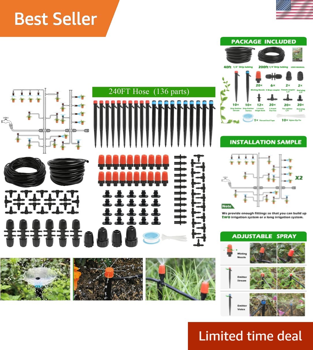 240FT Drip Irrigation System Kit, Automatic Garden Watering Misting System fo...