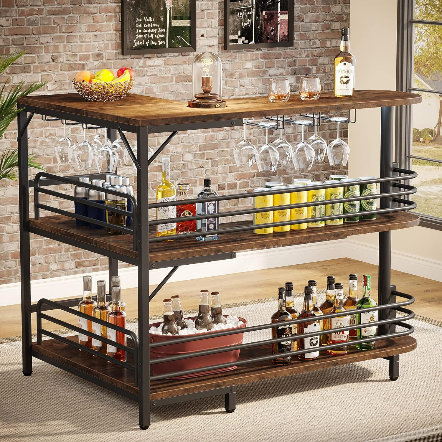 Tribesigns L-Shaped Home Bar Unit, 3 Tier Liquor Table with Storage Shelves and