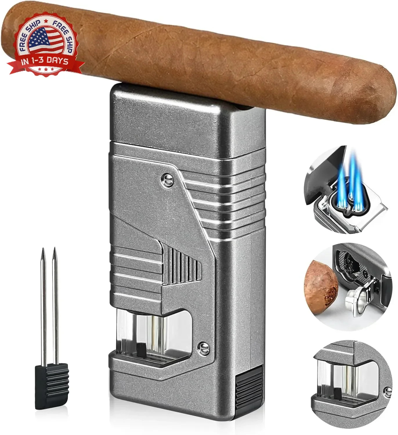 Joyoldelf Cigar Lighter Triple Torch - Windproof 3 Jet Flame Torch Lighter, Refi