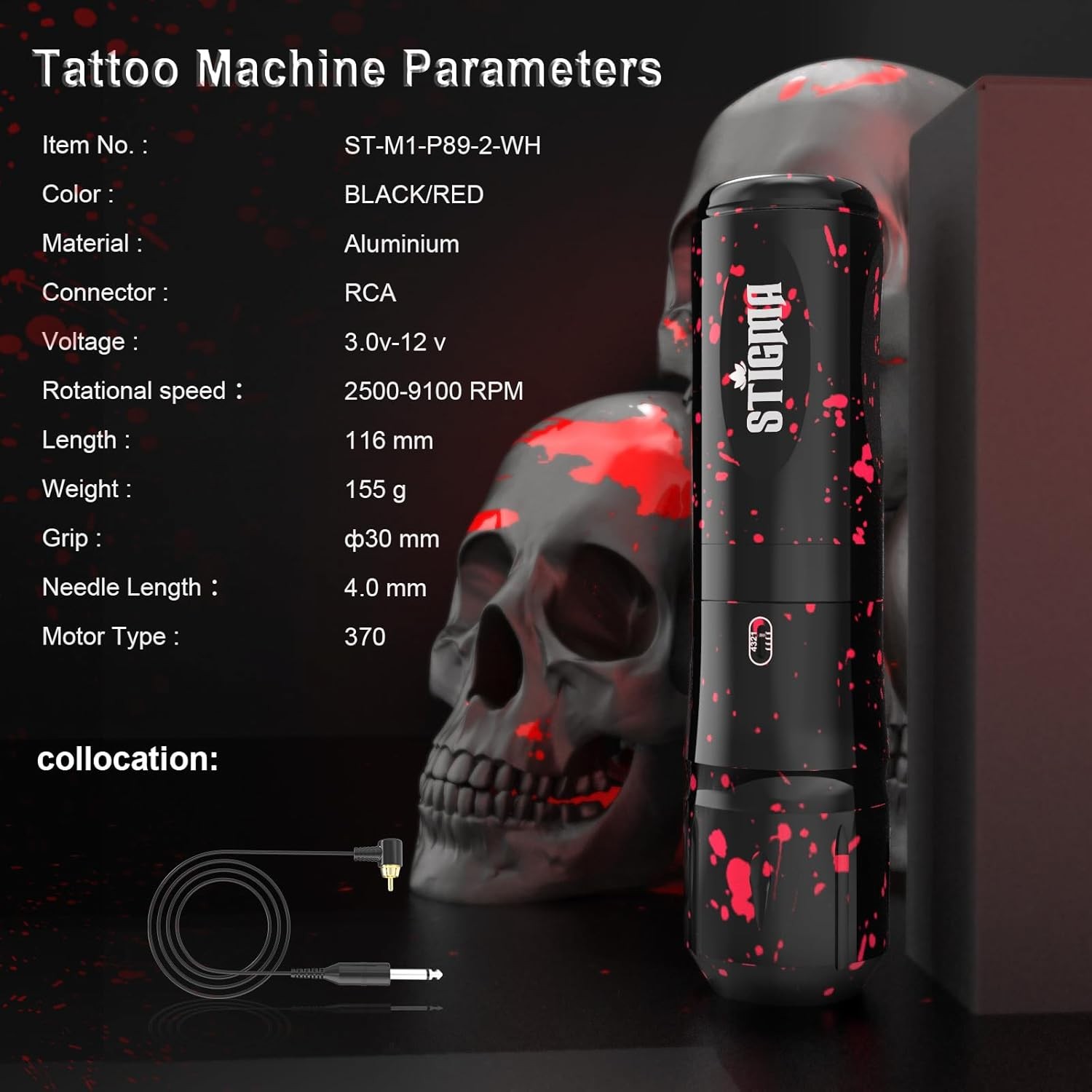 STIGMA Cordless Tattoo Gun Kit - Complete with Pro Machine Pen, Black