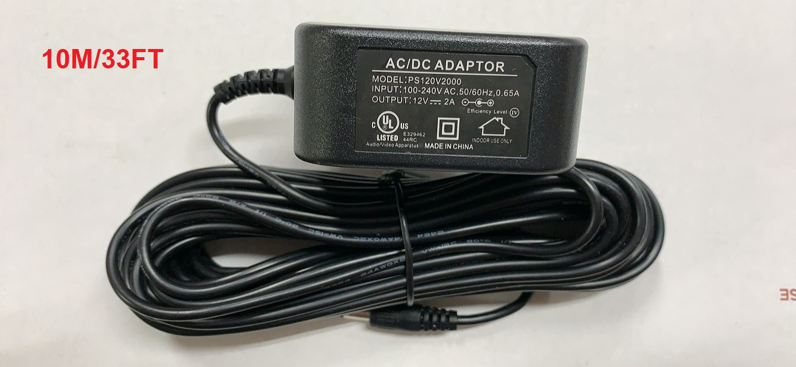 Long DC Cord 33FT [UL Listed] DC 12V 2A Power Supply Adapter