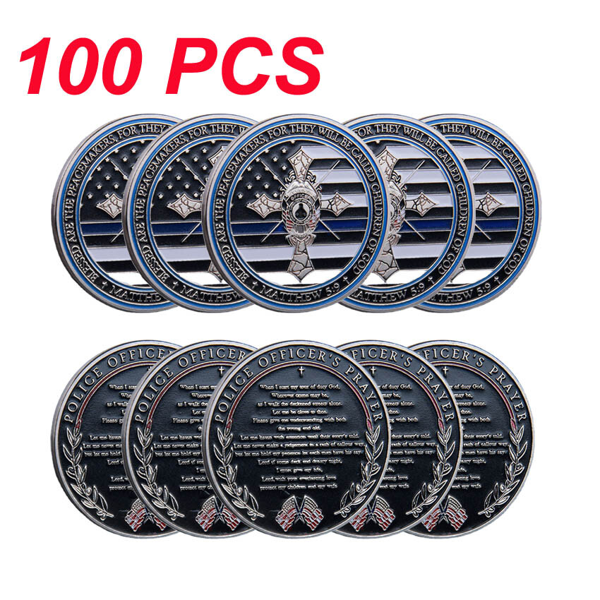 100PCS Thin Blue Line Police Officer Gift Challenge Coin Law Enforcement Prayer
