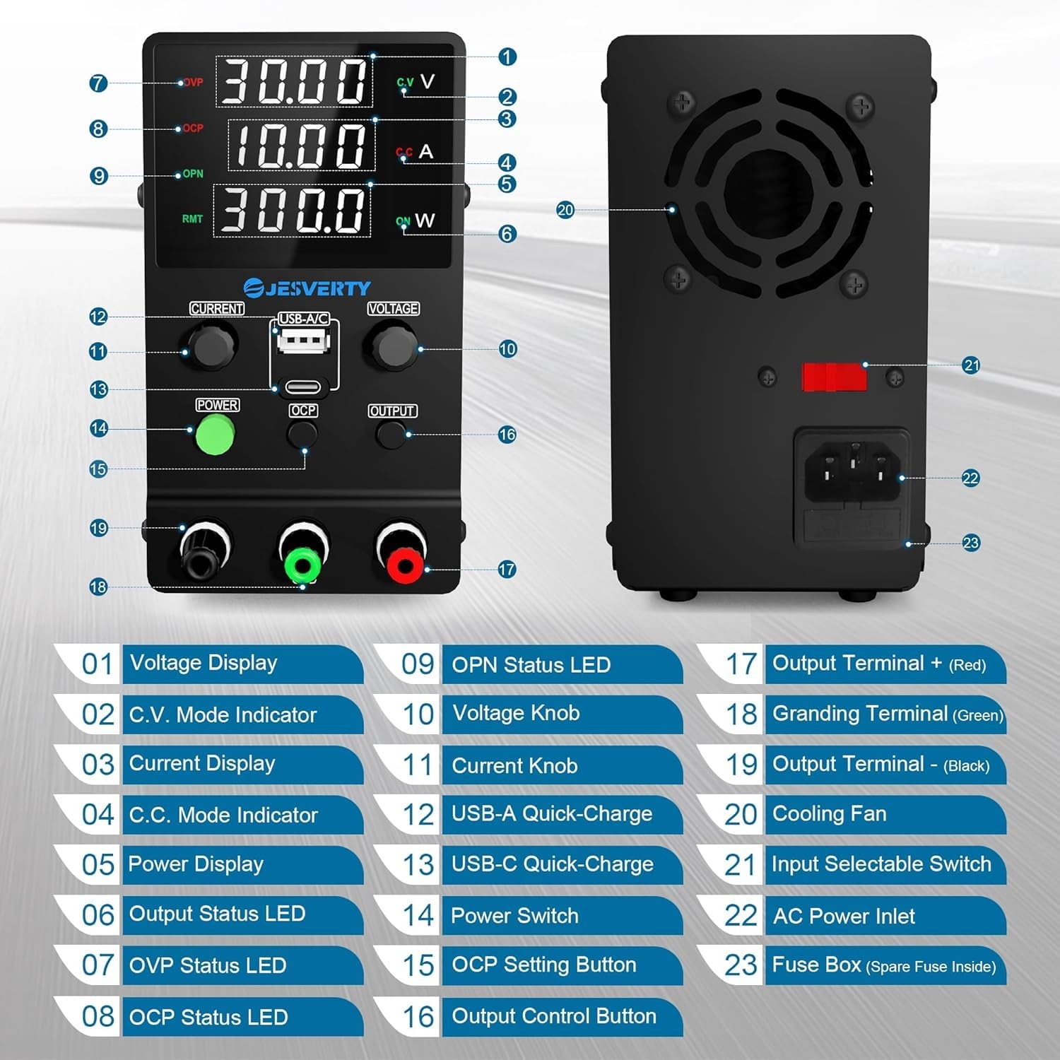 Jesverty DC Power Supply Variable, 0-32V 0-10A Adjustable Switching DC Regula...