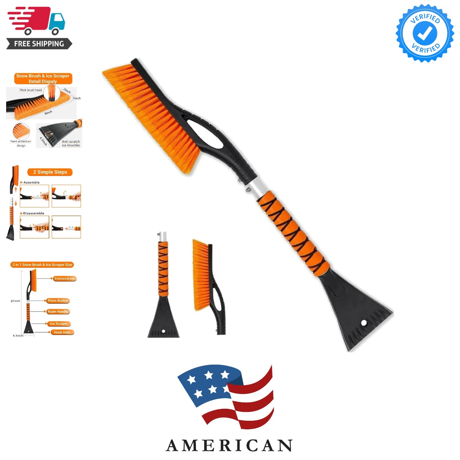 27 Inch, Ice Scrapers for Car Windshield, Detachable Snow Removal Tool with E...