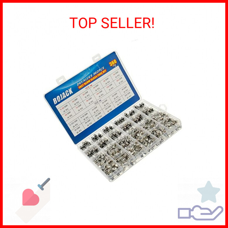 BOJACK 24 Values 360 pcs Fast-Blow Glass Fuses Assortment Kit 5x20mm 250V 0.25 0