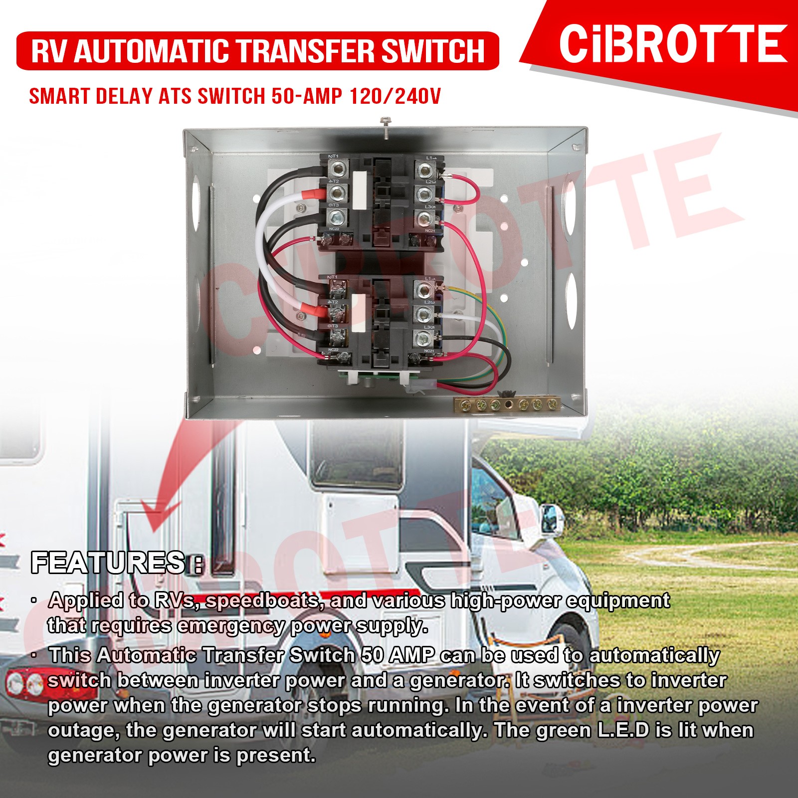 RV Automatic Transfer Switch Smart Delay ATS Switch 50-Amp 120/240V