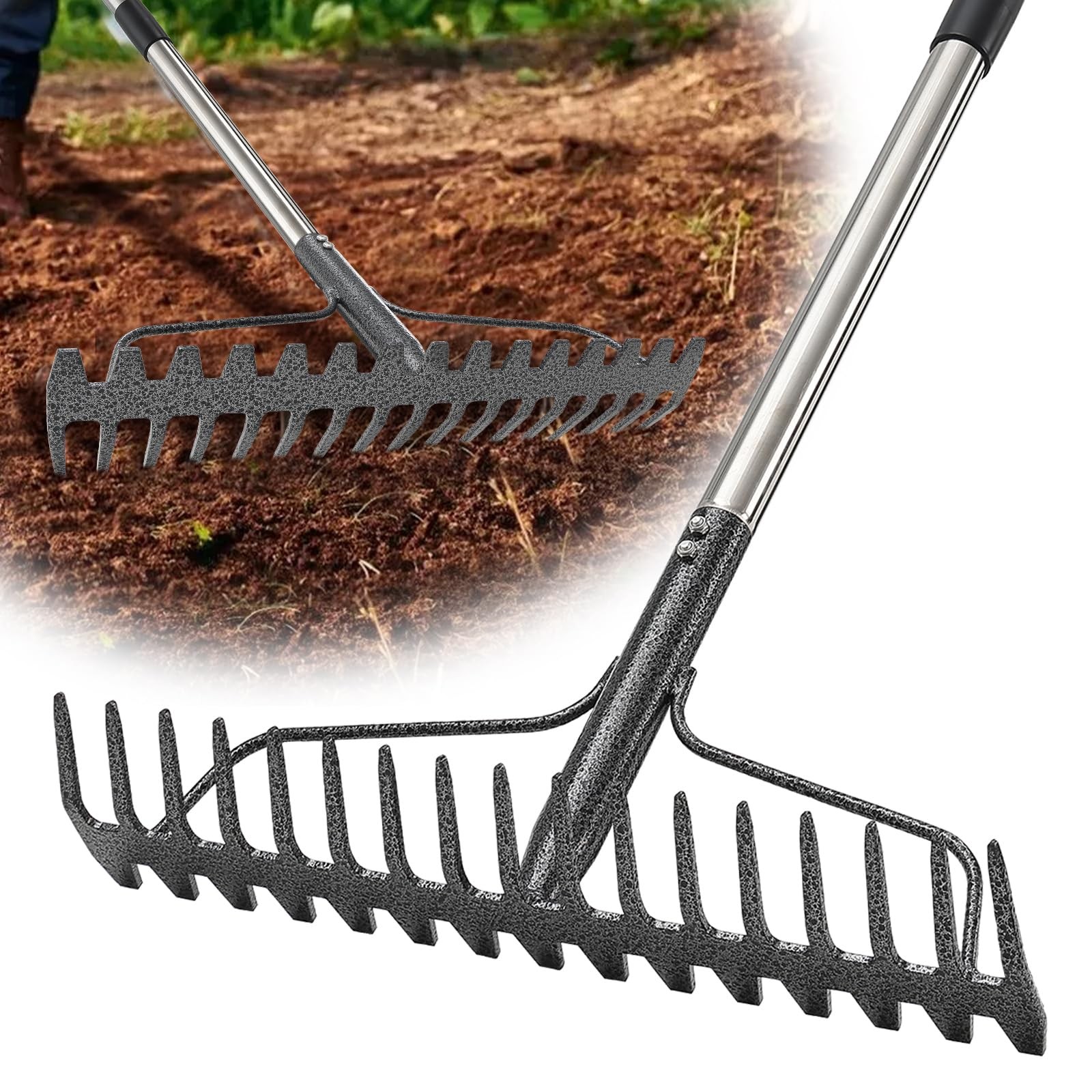 Bow Rake, 65" Heavy Duty Garden Rake with Wide 17 Tines Head & Stainless Steel