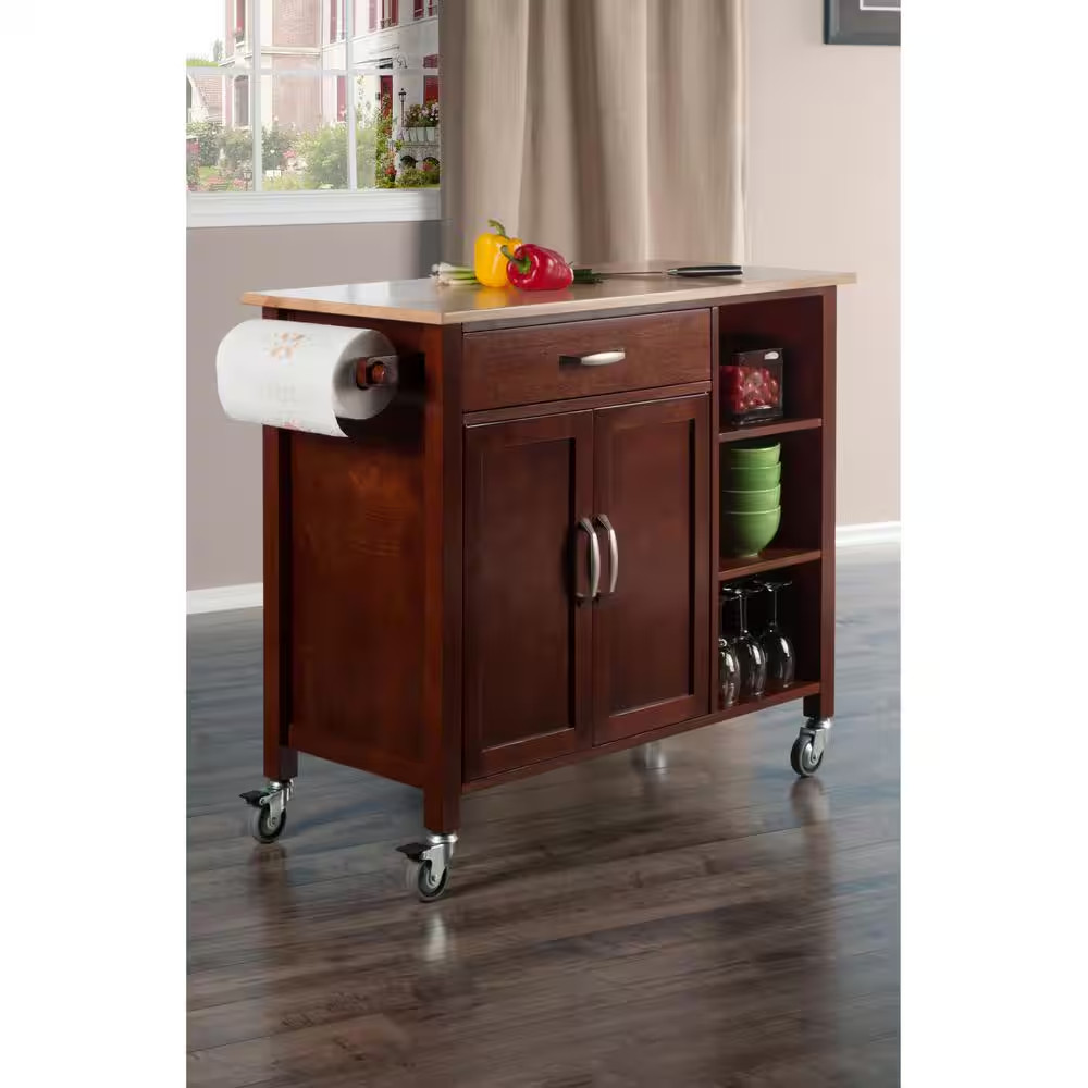 Mabel Walnut Kitchen Cart with Natural Wood Top