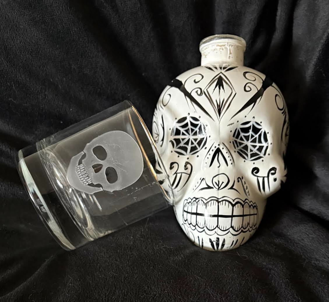 SET! KAH Cinco de Mayo Empty Bottle Skull Sugar Skull -- PLUS 10oz Skull Glass!