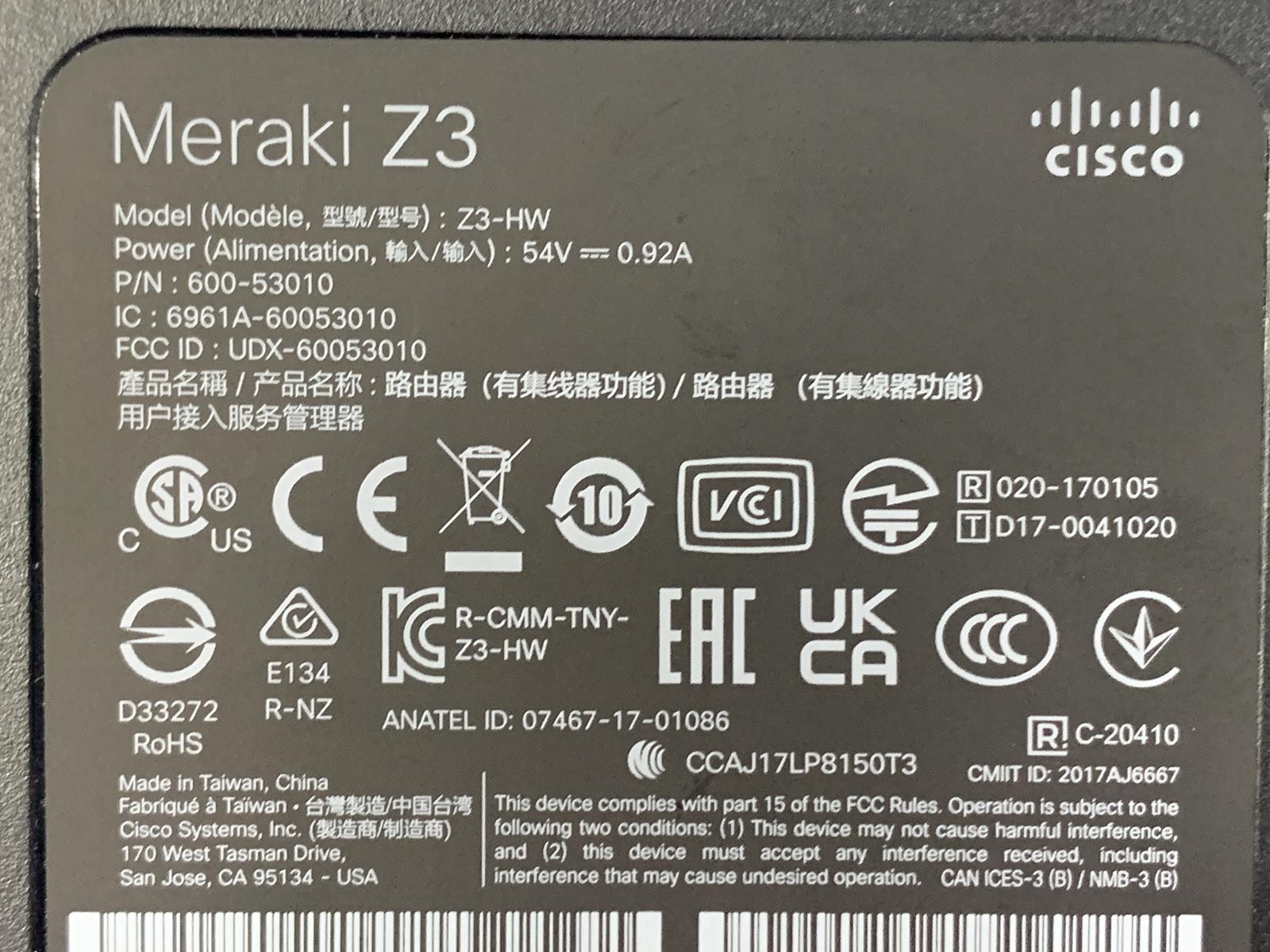 Cisco Meraki Cloud Managed Gateway Firewall Z3-HW