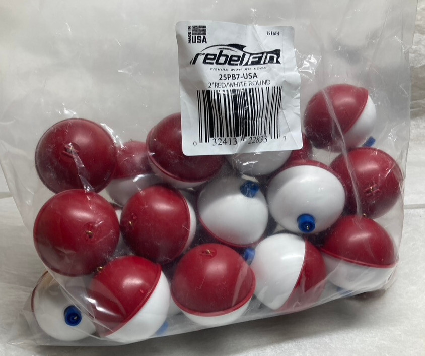 2" inch 51mm - RED & WHITE - ROUND Fishing Bobbers Floats - USA MADE - 25/bag