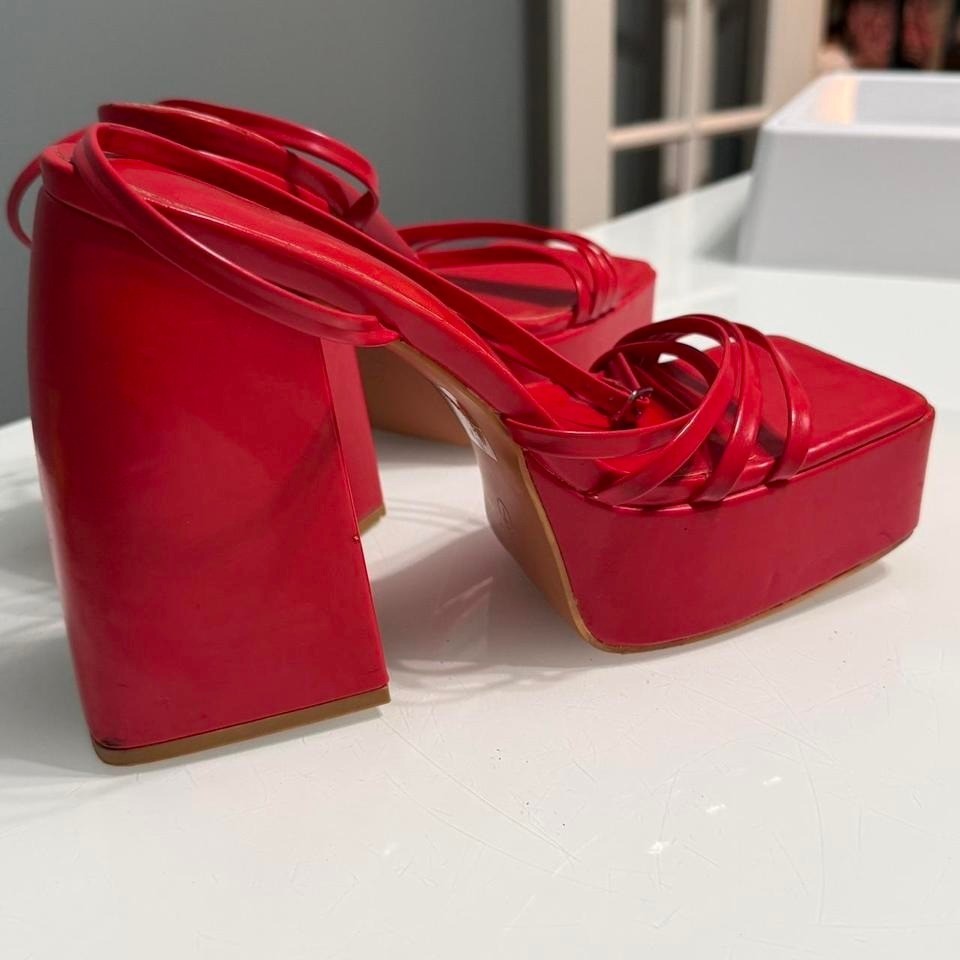 Red Platform Heels Strappy Chunky Mule Square Toe Size 7