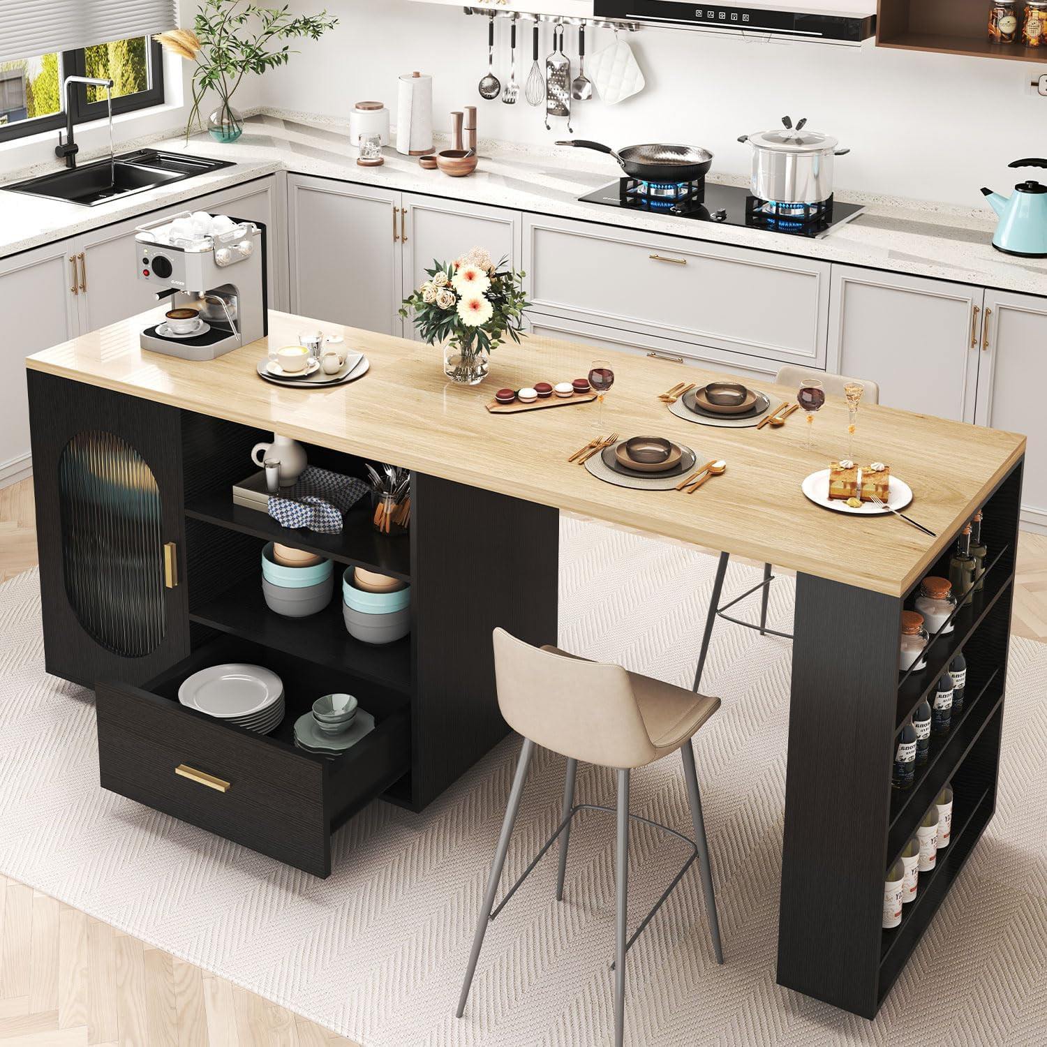 HSH 72" Rolling Kitchen Island with Seating, 360° Swivel Table, Kitchen Island w