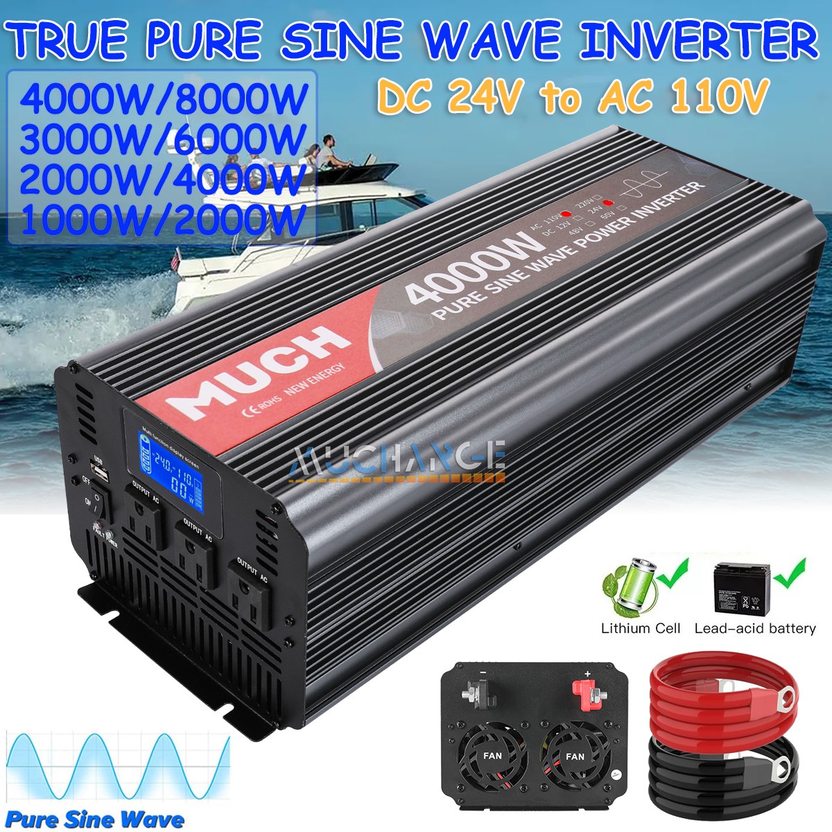Inversores de corriente para coche CC 12V 24V a CA 110V LCD USB 4000W 3000W RV