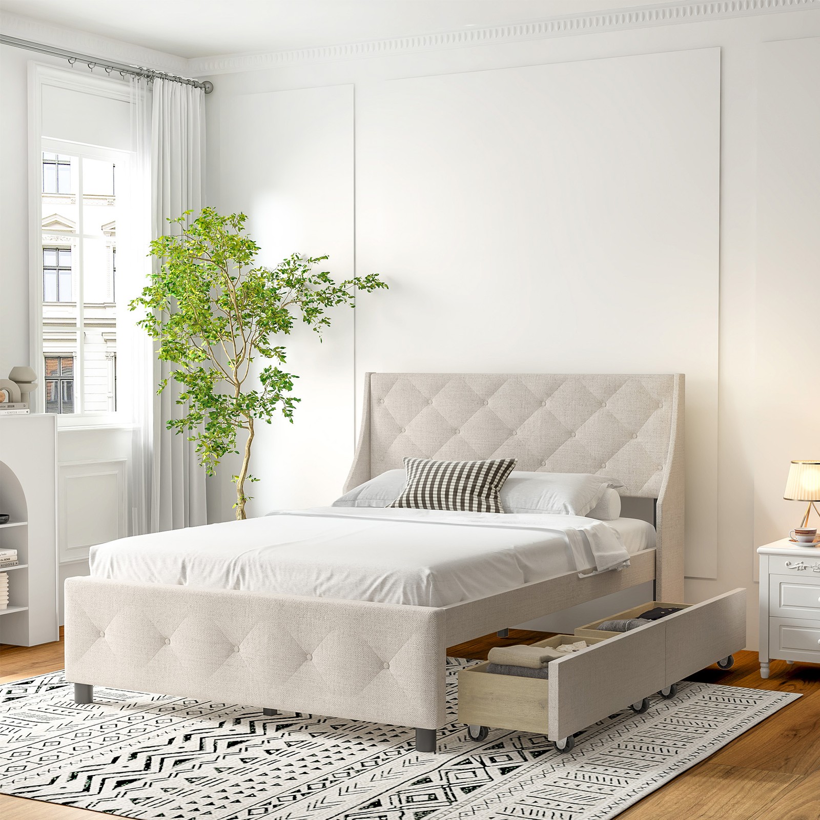 Queen Size Bed Frame with Storage Headboard, Metal Platform Bed No Noise
