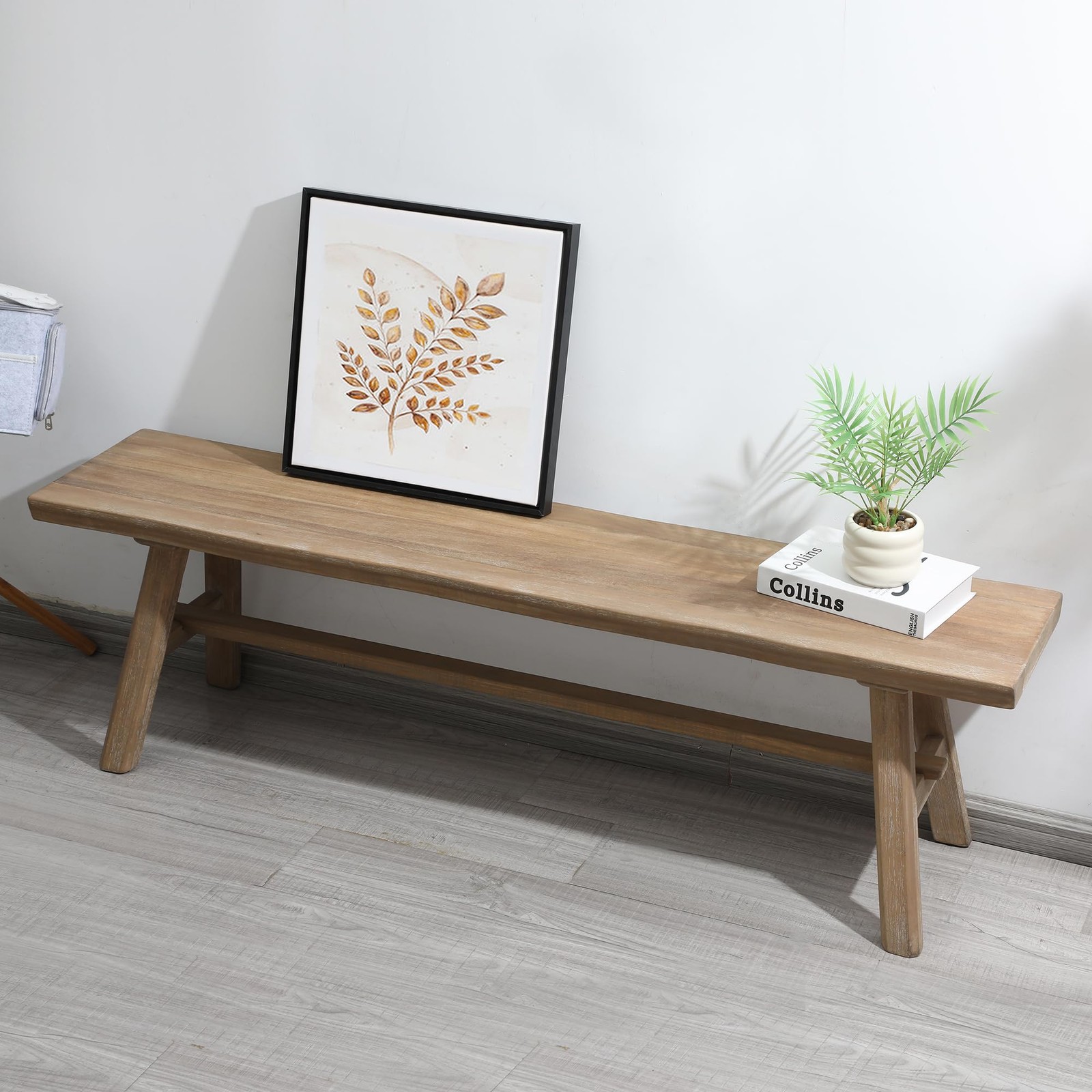 55 Inch Farmhouse Solid Wood Bench Rustic Dining Entryway Natural Easy Assembly