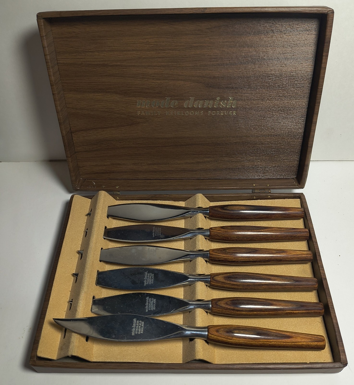 Vtg MADE DANISH Steak Knives Set of 6 Teak Wood Sheffield England Heirlooms Box