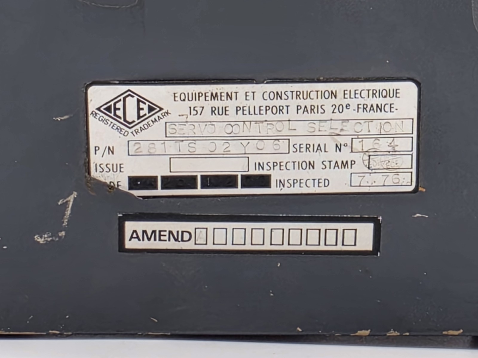 E.C.E Servo Control Selection Airbus P/N 28115 02 Y03