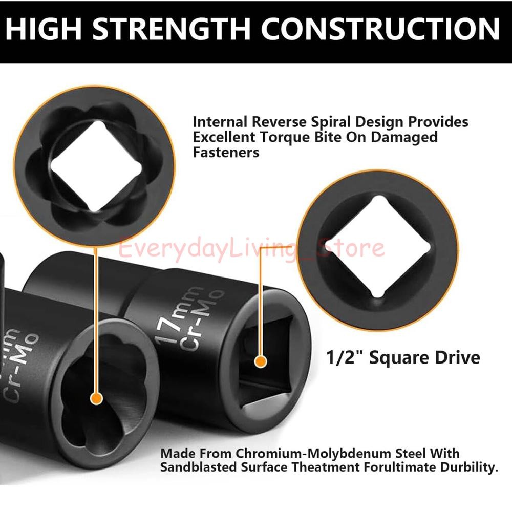 5Pcs Wheel Lug Nut Remover 1/2" Drive Twist Socket Kit Remove Damaged Locked Nut