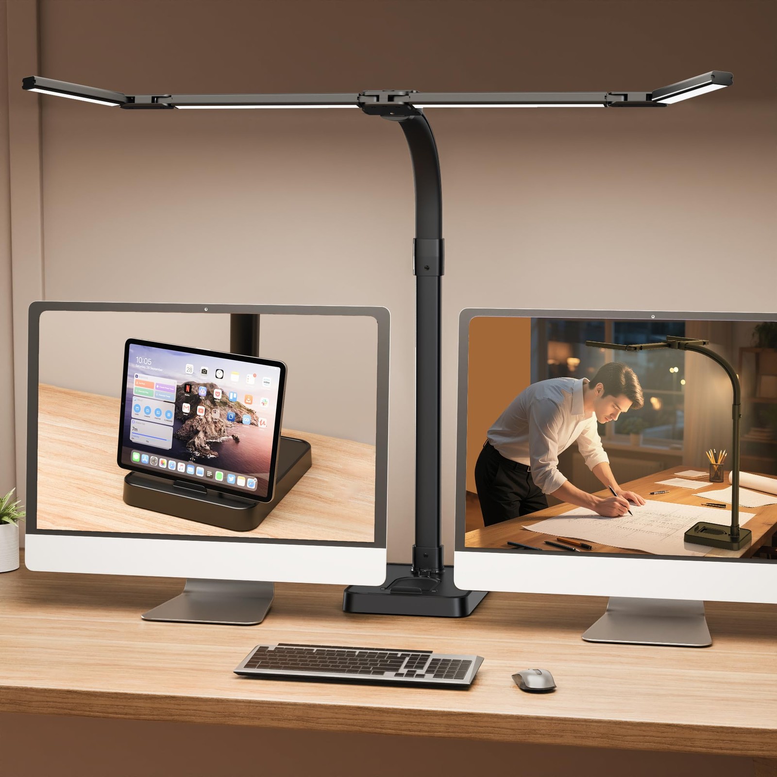 sandiea LED Desk Lamp for Home Office - 24W Bright Double Head All Black