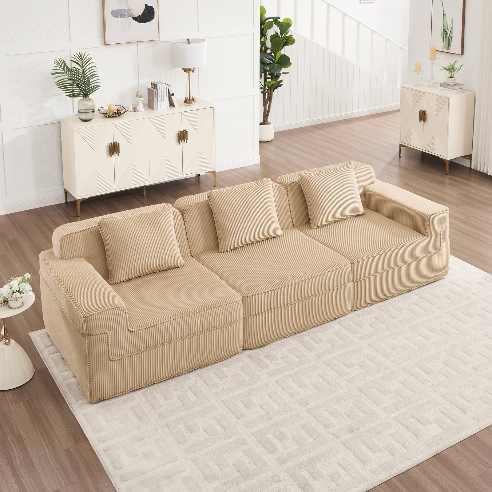 Modular Sofa Sectional for 3 Seat Corduroy Couch w/ Throw Pillows, Beige
