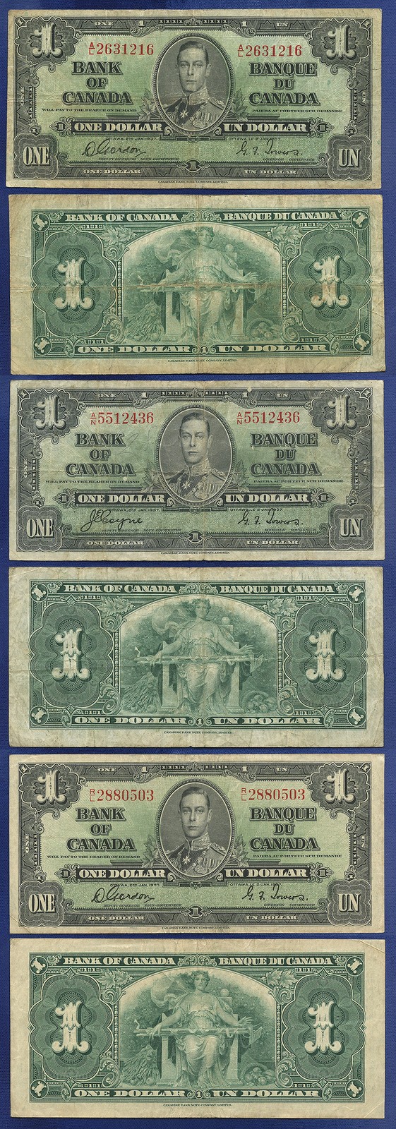 CANADA 1 DOLLAR 1937 KING GEORGE VI PREFIXES A/L A/N R/L ALL FINE OR BETTER